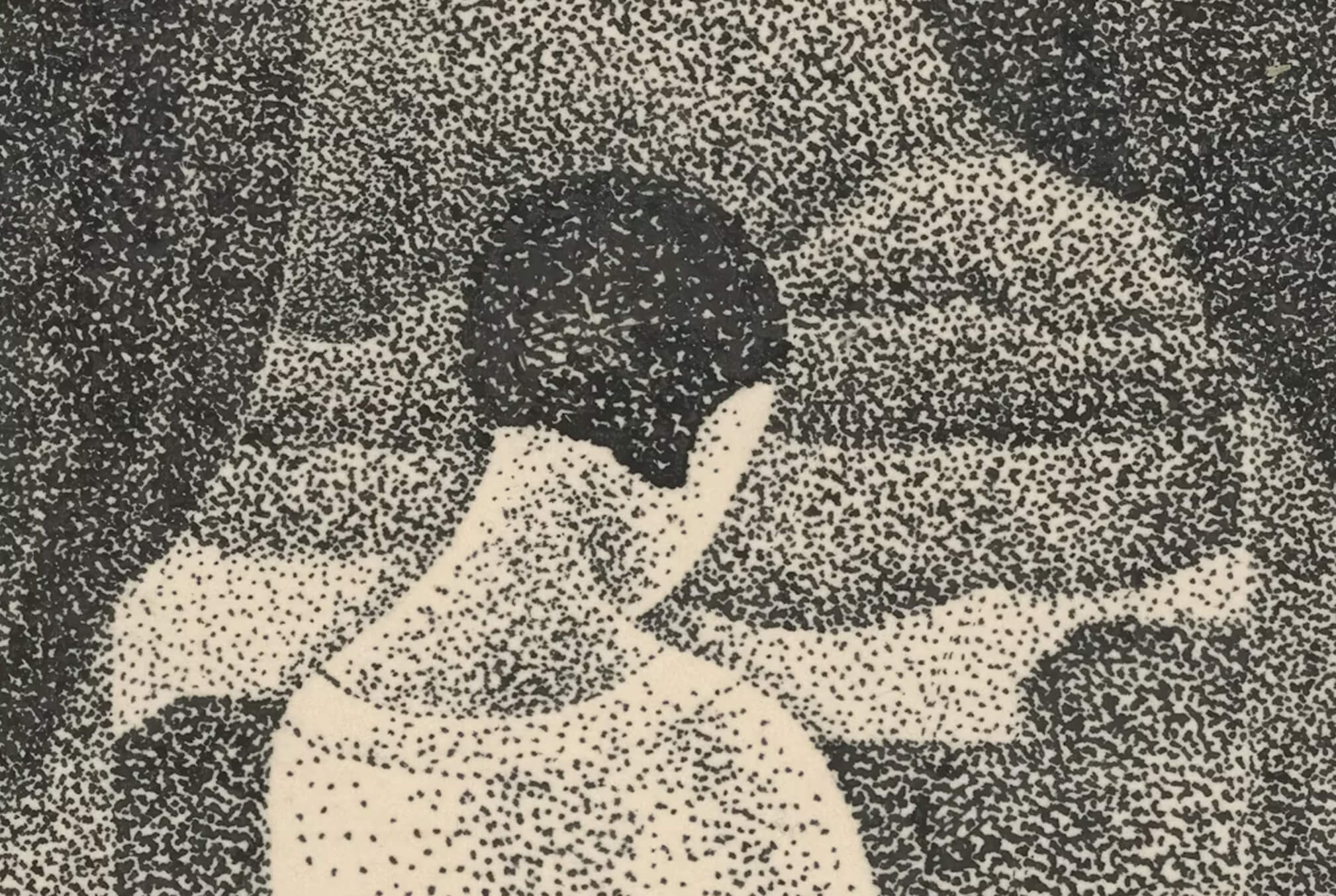 A black and white pointillism illustration of a person viewed from behind, looking toward abstract, textured shapes in the background.