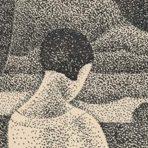 A black and white pointillism illustration of a person viewed from behind, looking toward abstract, textured shapes in the background.