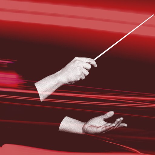 A digitally edited image showing a conductor’s hands, one holding a baton, against a red background with motion blur and light streaks.
