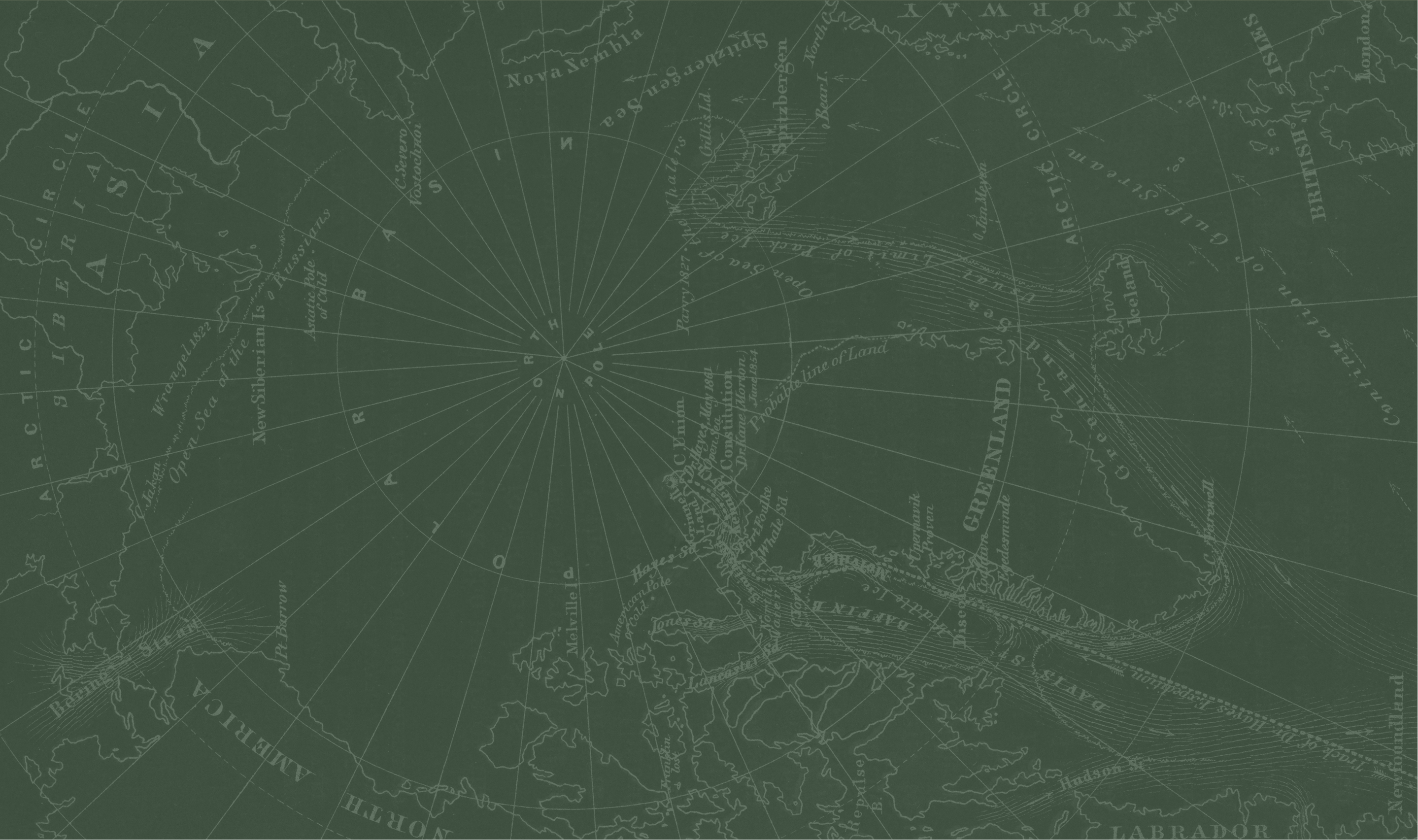 A vintage map illustration showing the Arctic region, including parts of northern Europe, Greenland, and surrounding seas, with radial lines converging at the North Pole.