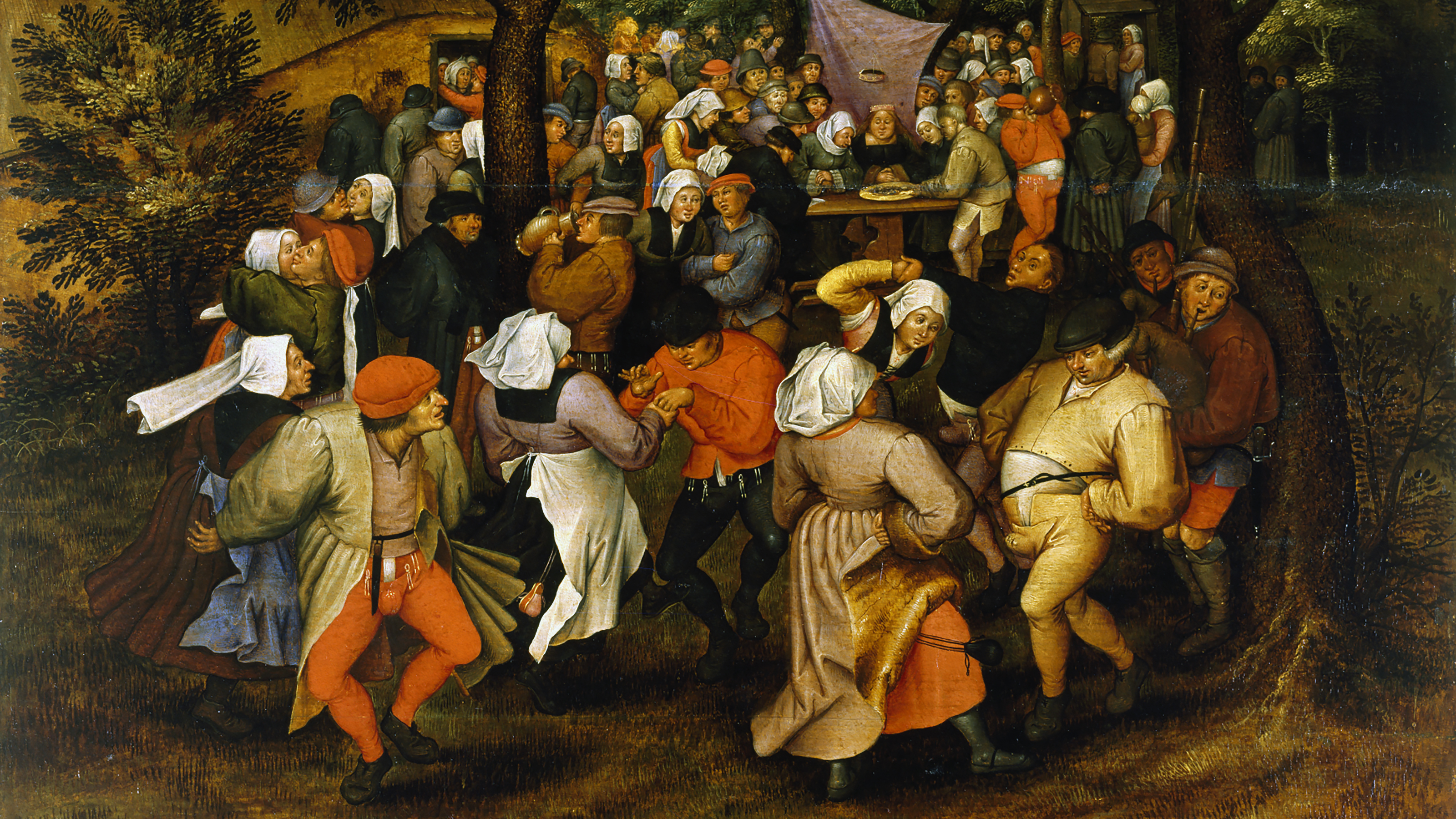 a painting of a group of people in a wooded area.