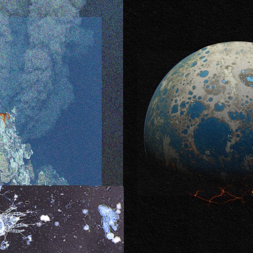 A composite image juxtaposing a celestial body with a cratered surface alongside an abstract representation of a human face with distorted features.