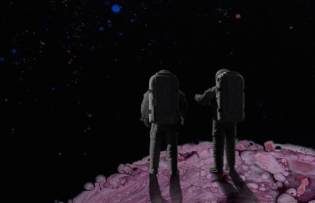Two astronauts in spacesuits stand on a textured, purple surface, facing a starry black sky.