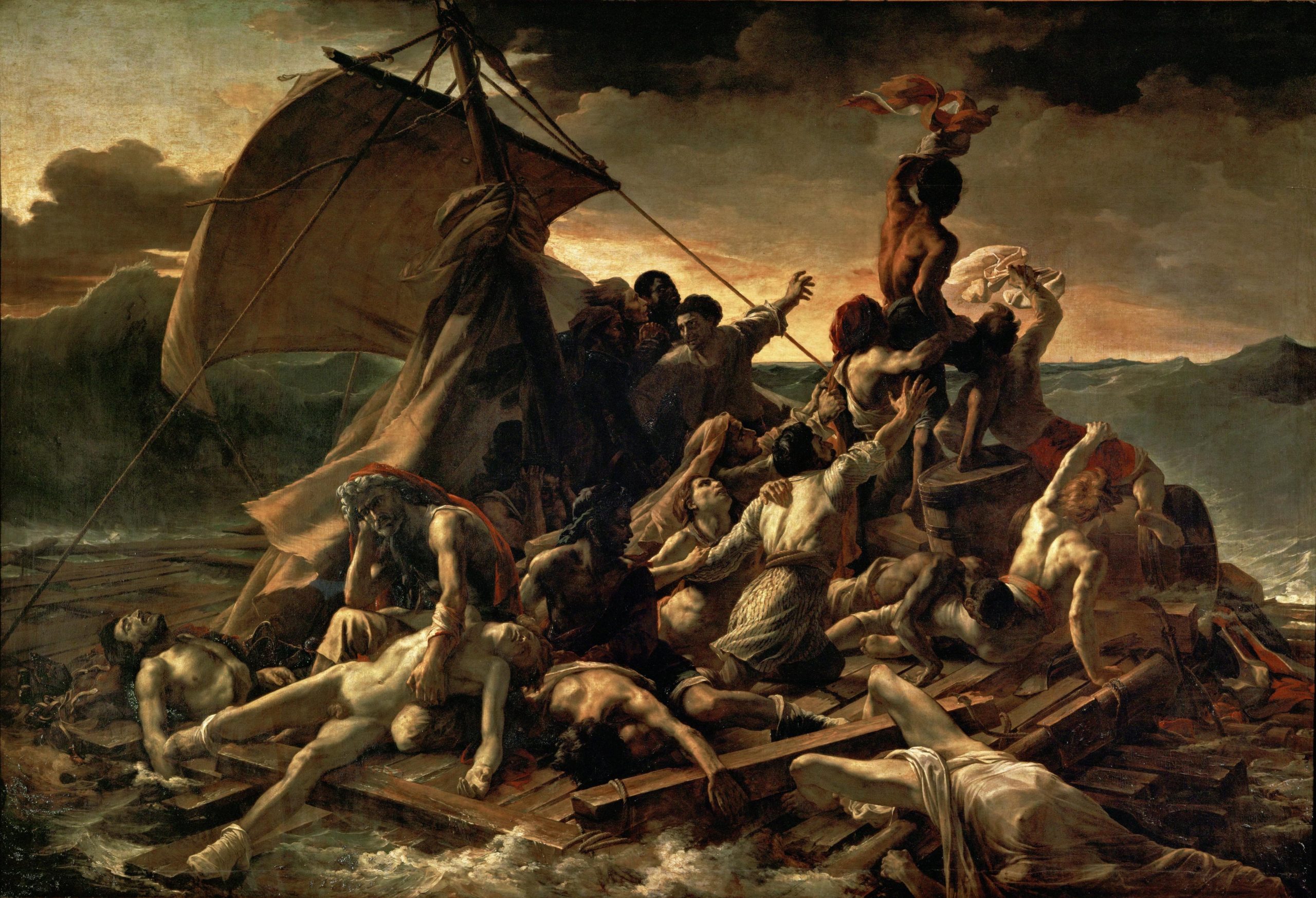 A romantic oil painting of French sailors set adrift.