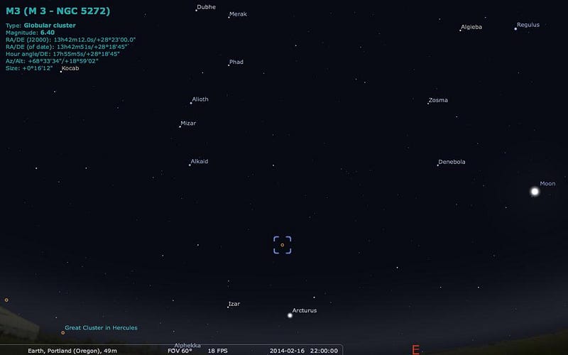 A night sky map showing stars and constellations with labels, including Arcturus and the Moon; the globular cluster M3 is highlighted in the constellation Hercules.