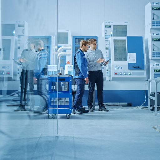 Works discuss next steps while surrounded by high-tech factory equipment.