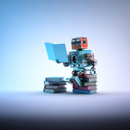 A robot sits on a pile of books and reads.