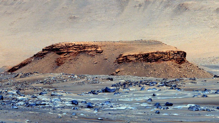 This Mastcam-Z enhanced color photo mosaic shows a butte near Jezero crater informally dubbed “Kodiak” by the rover team.