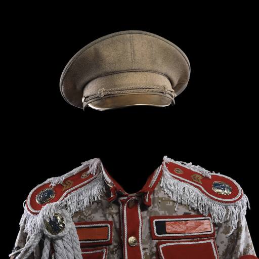 A military-style, decorated uniform and cap with no visible wearer, set against a solid black background, evokes powerful imagery that prompts viewers to consider themes such as authority and questions like what is fascism.
