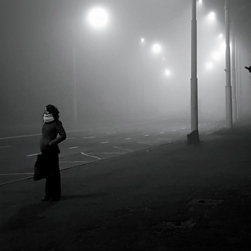A woman waiting on an empty foggy street illustrating the concept of uncertainty.