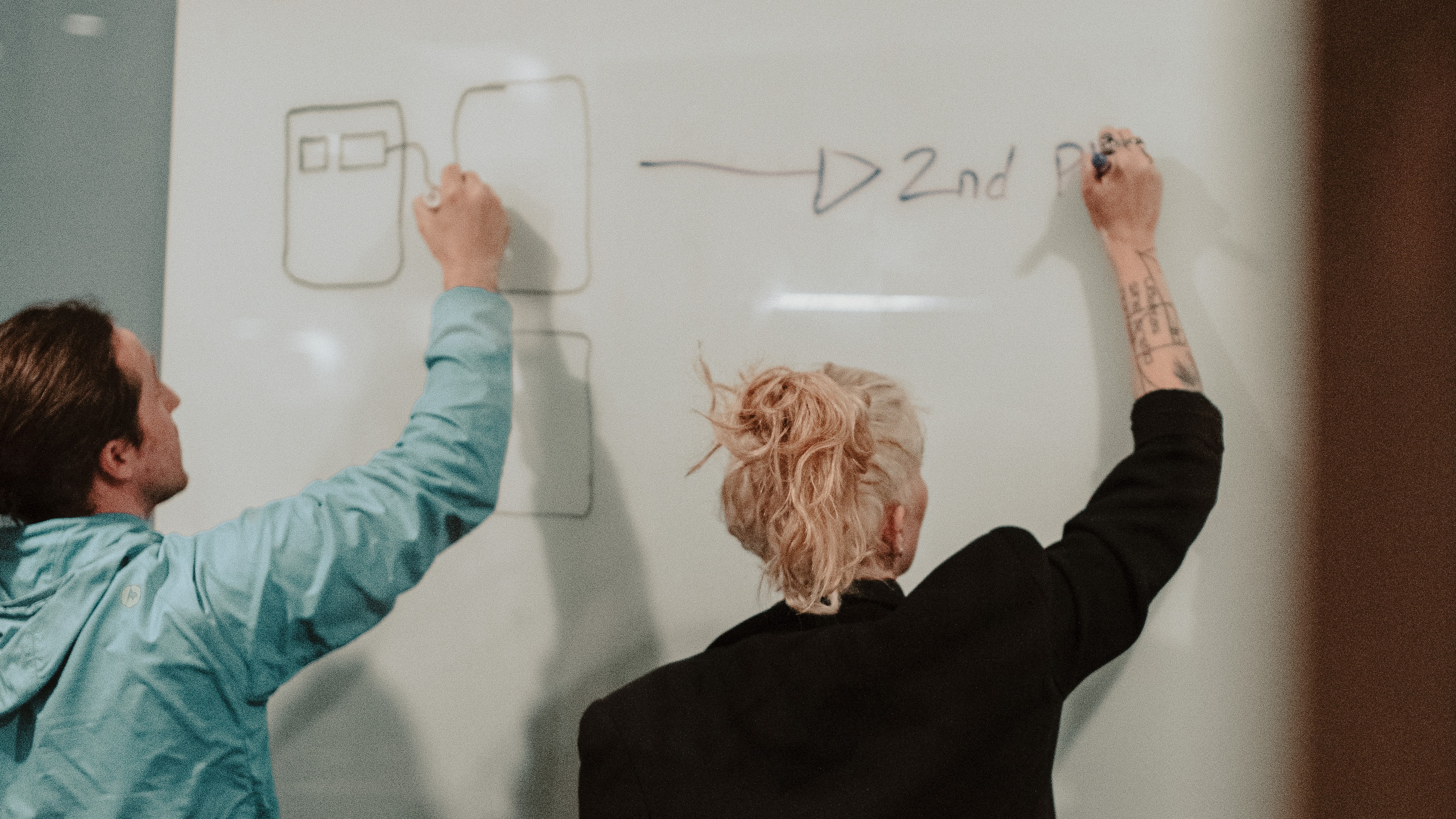 A man and a woman drawing on a white board for an article on how your personality type affects your salary.
