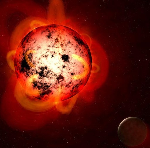 Caption:An illustration of a red dwarf star orbited by an exoplanet.