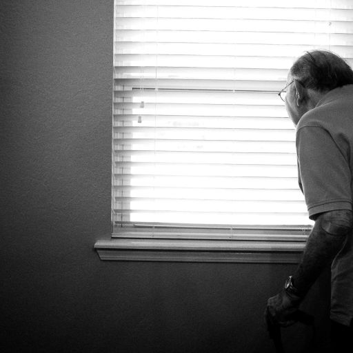 An old man looking out of the blinds.