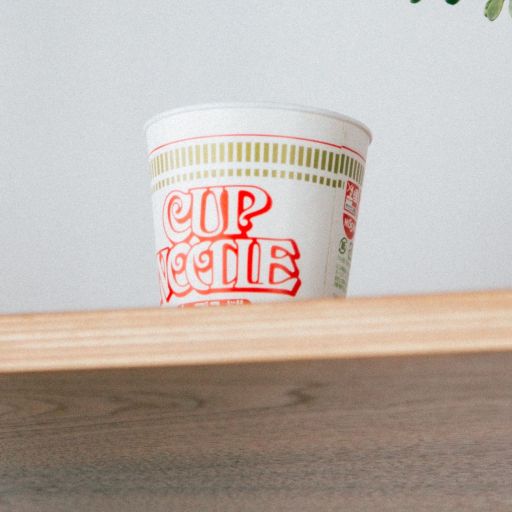 Cup Noodles sitting on a shelf