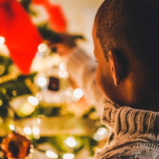 A young boy hanging a decoration on a Christmas tree.