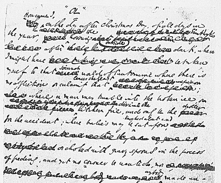 A heavily edited page from Charles Dickens' "A Curious Dance Around a Curious Tree"