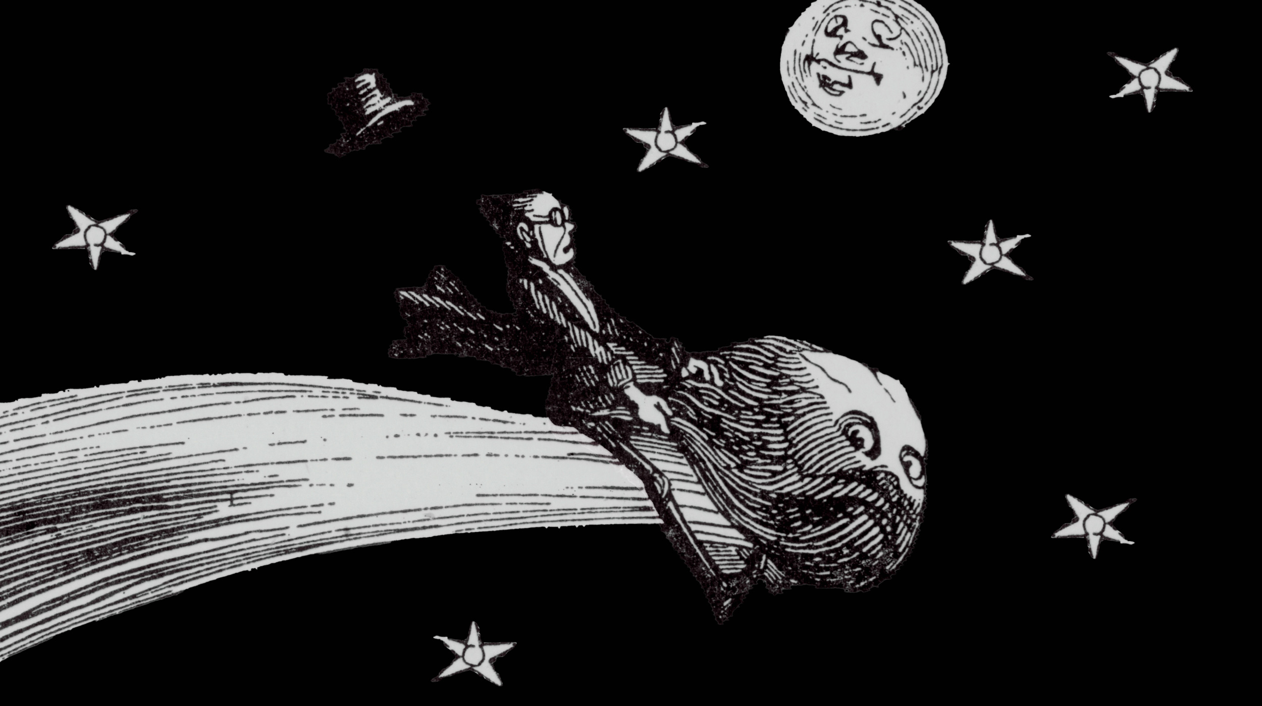 A man in a suit rides a comet with a face through a star-filled night sky, reflecting on lessons learned from space travel; a top hat floats nearby as the moon smiles in the background.