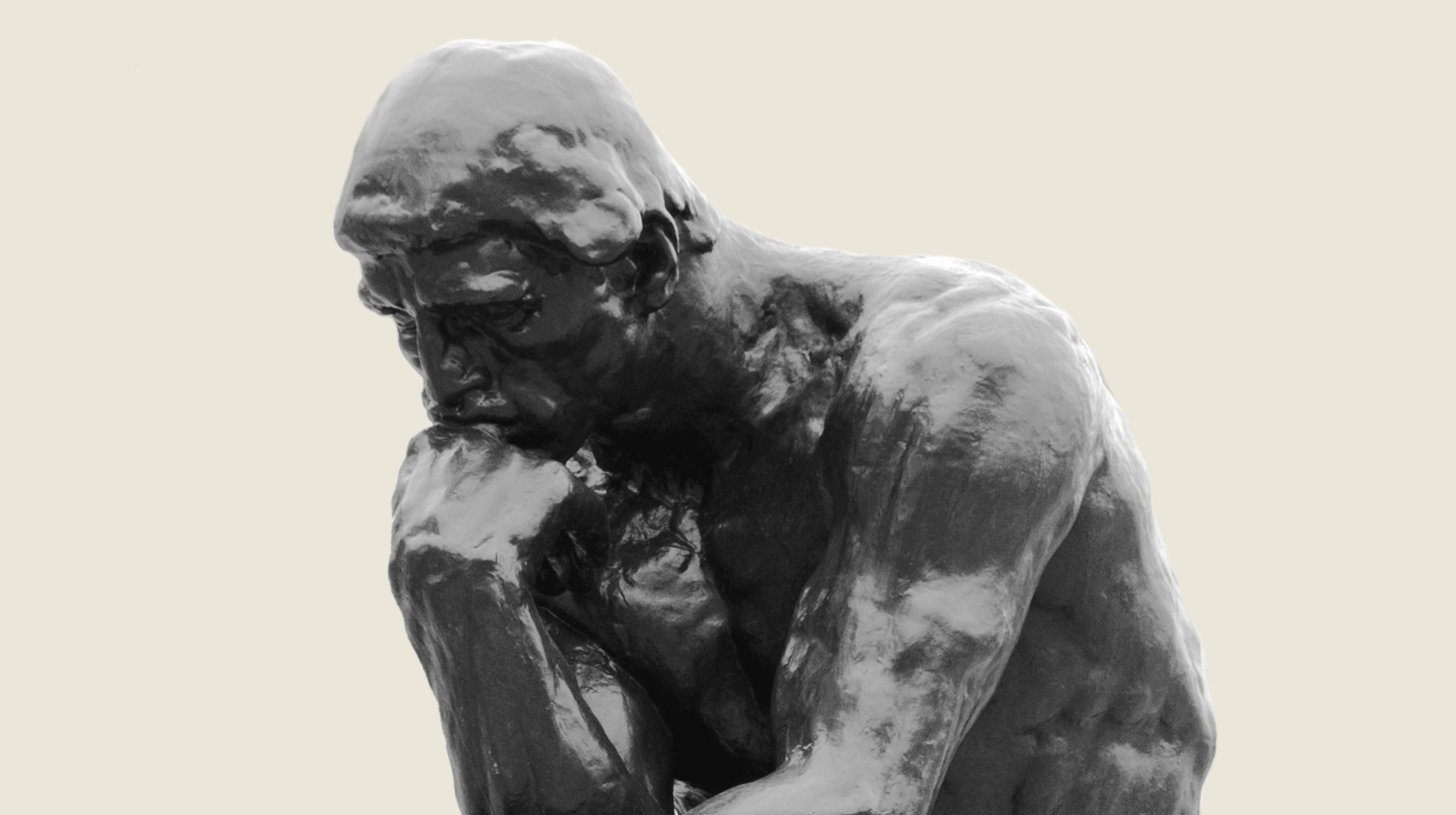 Bronze sculpture of a seated man resting his chin on one hand, appearing deep in thought and embodying genius traits, against a plain background.