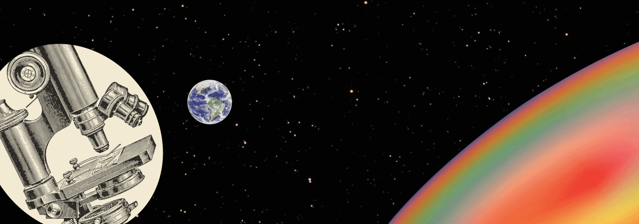 A vintage microscope, Earth, and a rainbow arc appear against a black, star-filled space background.