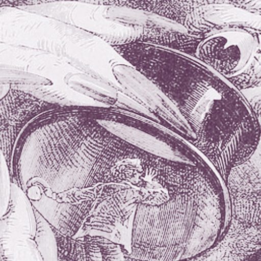 A person stands in front of a large face, peering into an oversized monocle held by a giant hand, as if searching for traces of free will within the magnified gaze.