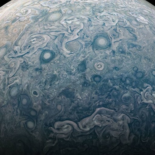 A color-enhanced image of Jupiter using data from the JunoCam camera..