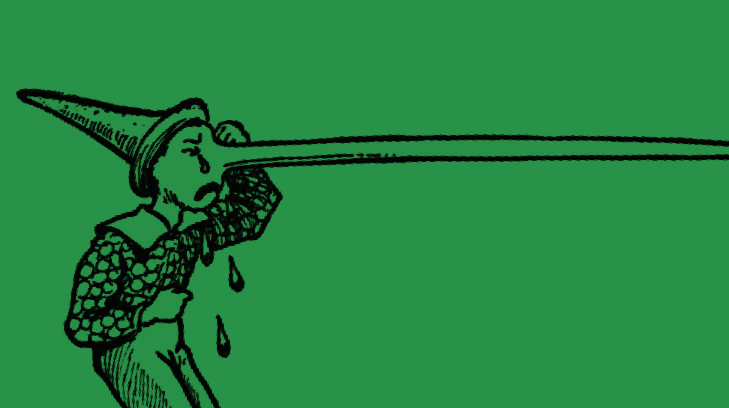 Black line drawing of a person with a long nose, reminiscent of Pinocchio, wiping tears from their face against a solid green background, illustrating the impact of honesty on child development principles.