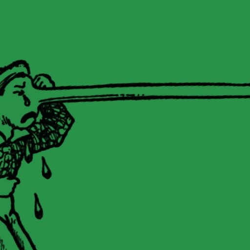 Black line drawing of a person with a long nose, reminiscent of Pinocchio, wiping tears from their face against a solid green background, illustrating the impact of honesty on child development principles.