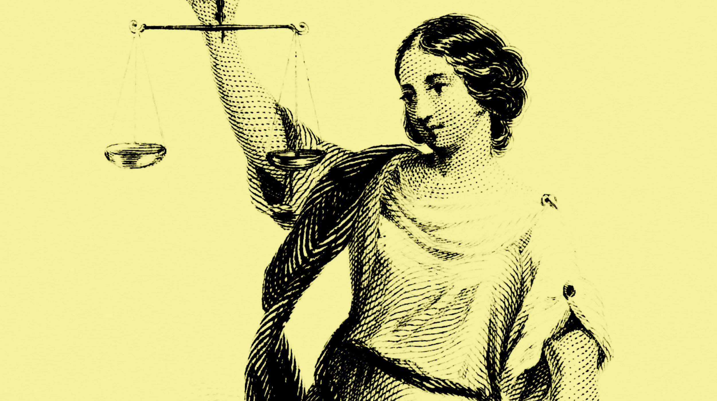 Illustration of a woman holding up a balance scale, symbolizing justice, on a yellow background.