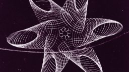 Geometric abstract design featuring overlapping white wireframe curves forming a symmetrical star shape on a black background, evoking the cosmic elegance of the big bang.