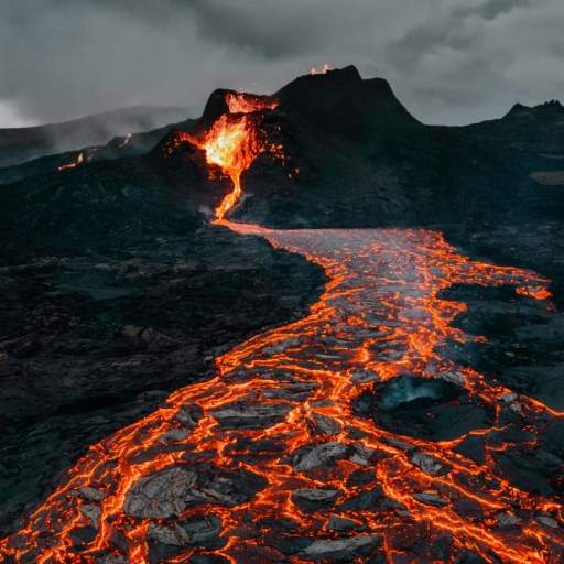Lava pours out from a volcanic eruption.