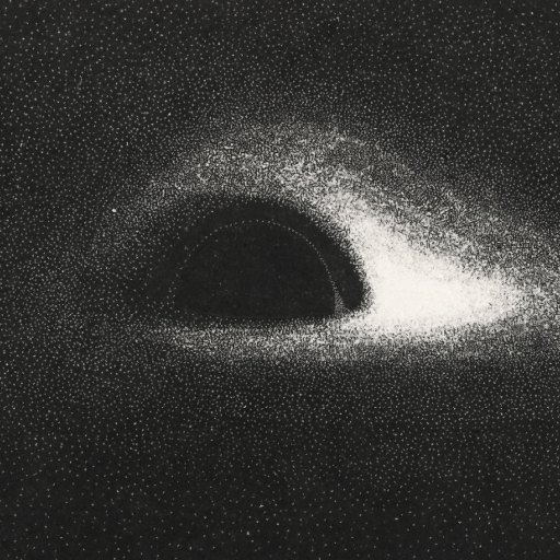 A black-and-white abstract image featuring a dense field of small dots and a central dark oval, evoking the mysterious allure of black holes, surrounded by a lighter, glowing area.