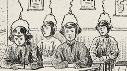 A black-and-white drawing of four students sitting at desks, each wearing helmet-like devices with wires extending upward, as if tapping into their intelligence.