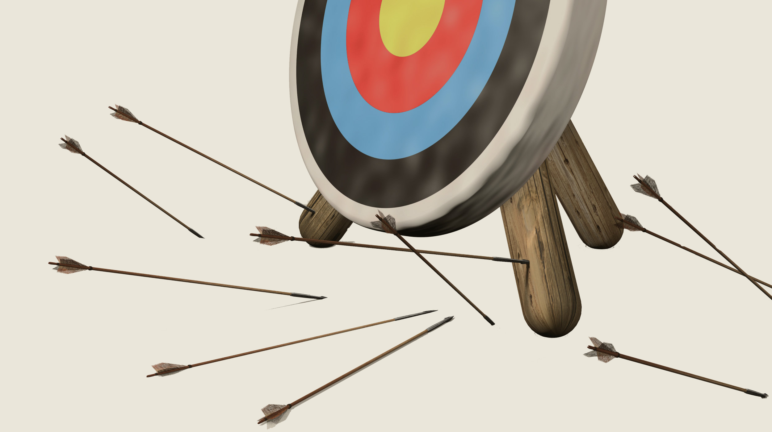 A target with several arrows on the ground nearby and none hitting the bullseye, capturing the joy of being wrong.
