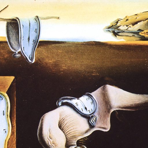 A surreal painting ponders is time travel possible, with melting clocks draped over a tree, ledge, and abstract form in a barren landscape against distant cliffs.