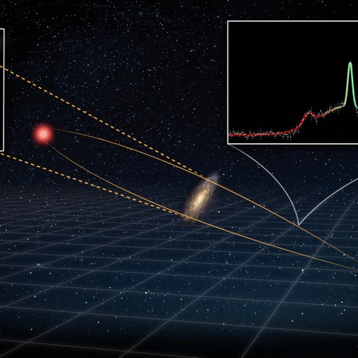 A radio telescope observes a distant galaxy; insets show a magnified view of the galaxy—home to the most distant laser—and a spectral graph. Illustration attributed to IDIA.