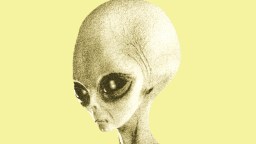 A digital illustration of a stereotypical alien figure, inspired by concepts of extraterrestrial life, featuring a large bald head, big dark eyes, and a small mouth on a pale yellow background.