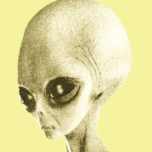 A digital illustration of a stereotypical alien figure, inspired by concepts of extraterrestrial life, featuring a large bald head, big dark eyes, and a small mouth on a pale yellow background.
