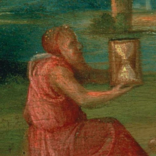 A person in a red robe sits outdoors holding an hourglass, surrounded by greenery and a body of water, symbolizing predictions for the future.