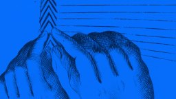 Illustration of two hands touching or aligning a series of parallel lines and chevron patterns, all overlaid with a blue filter, evoking the precision and symmetry often found in mathematics.