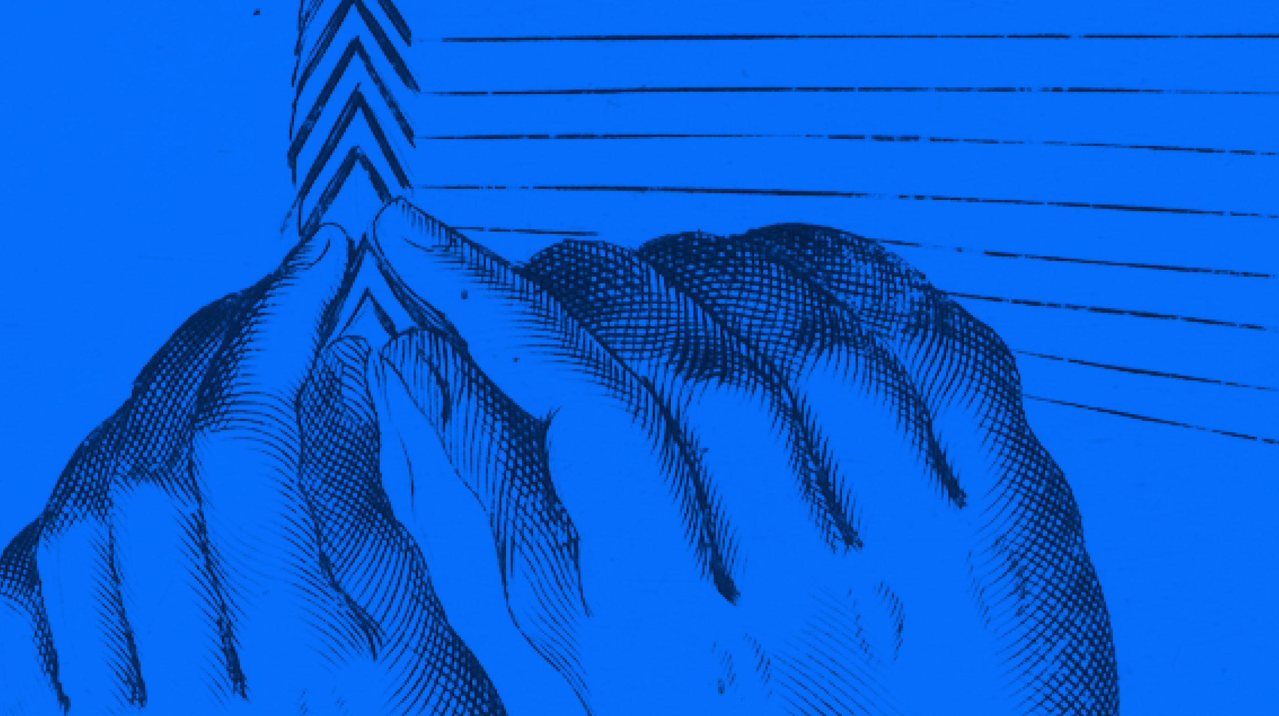 Illustration of two hands touching or aligning a series of parallel lines and chevron patterns, all overlaid with a blue filter, evoking the precision and symmetry often found in mathematics.