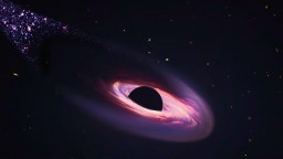Illustration of a black hole in space with a glowing accretion disk and a stream of stars or gas being pulled toward it.