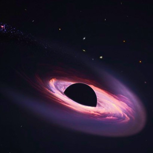 Illustration of a black hole in space with a glowing accretion disk and a stream of stars or gas being pulled toward it.