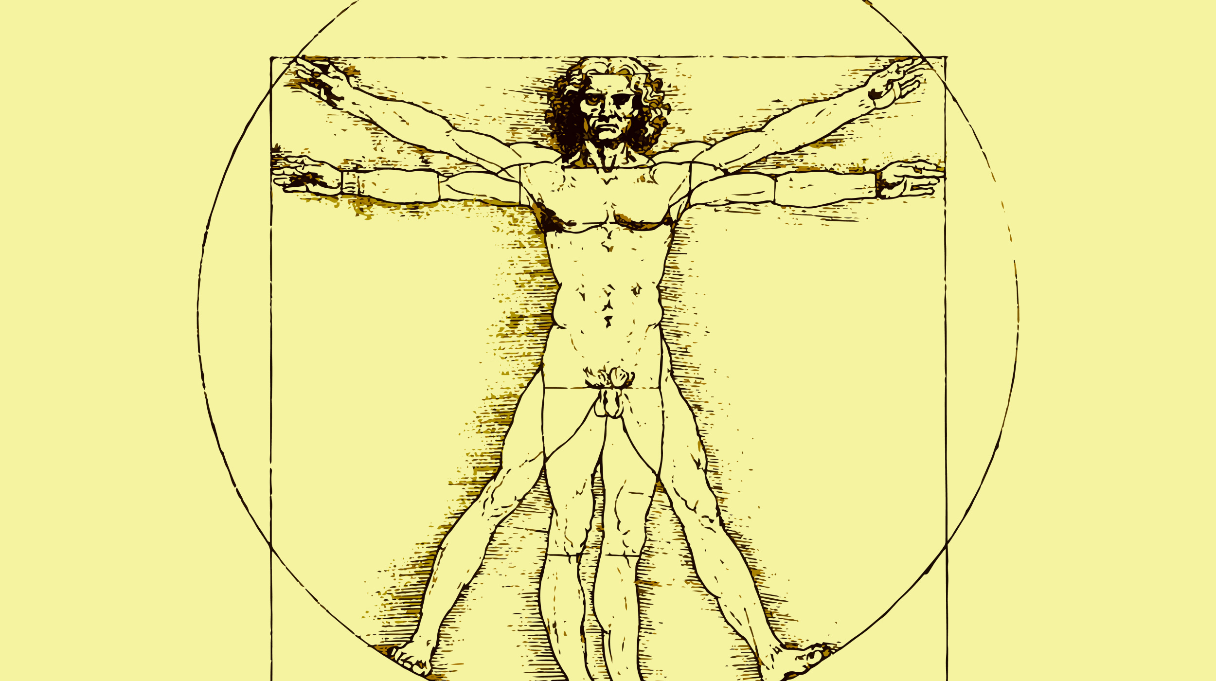 Illustration of a nude male figure with arms and legs extended in two positions, inscribed in a circle and square, known as the Vitruvian Man by Leonardo da Vinci, exemplifying the law of symmetry in human anatomy.