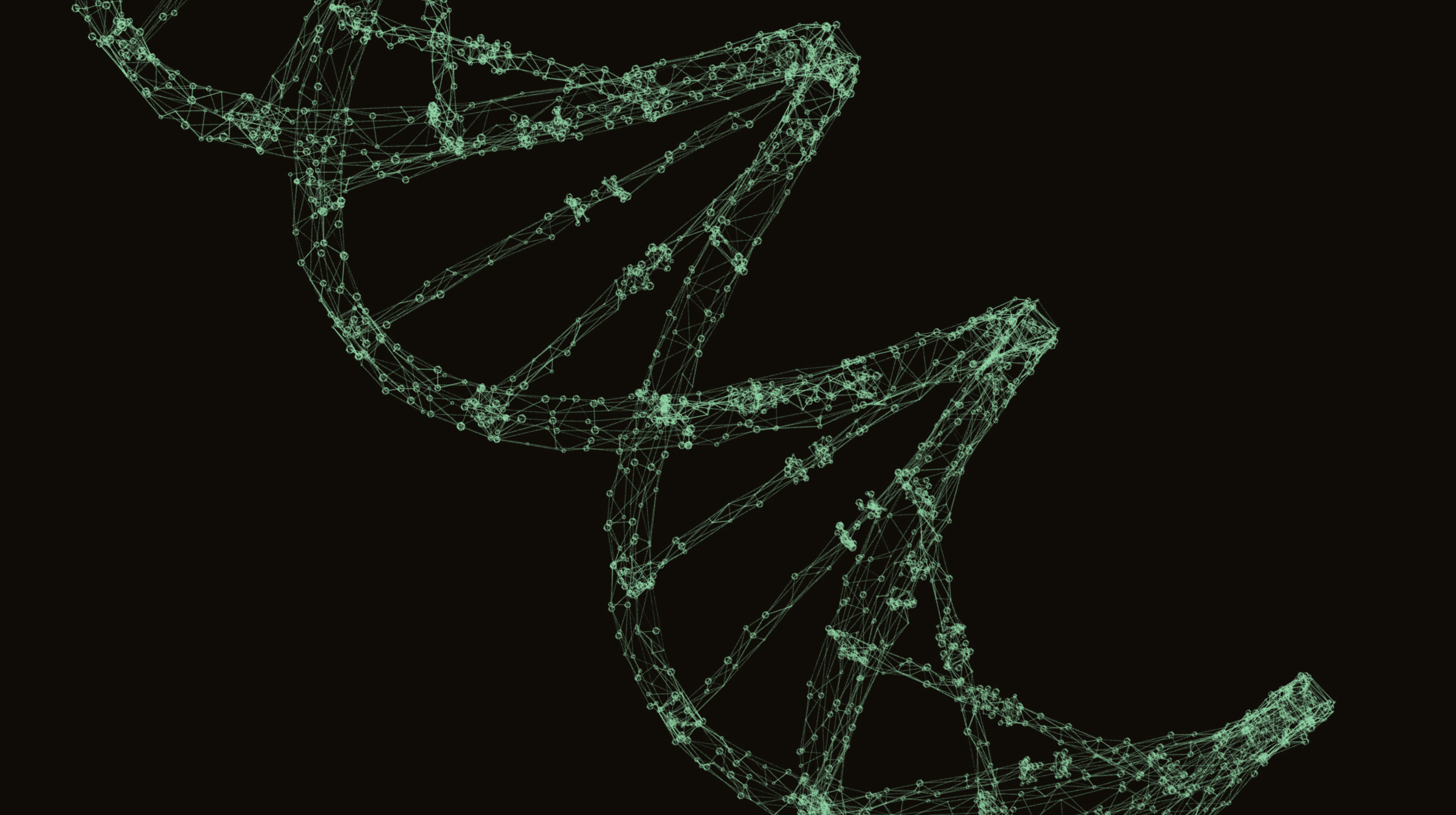 A digital, wireframe illustration of a DNA double helix strand is displayed against a black background, evoking concepts from quantum biology.