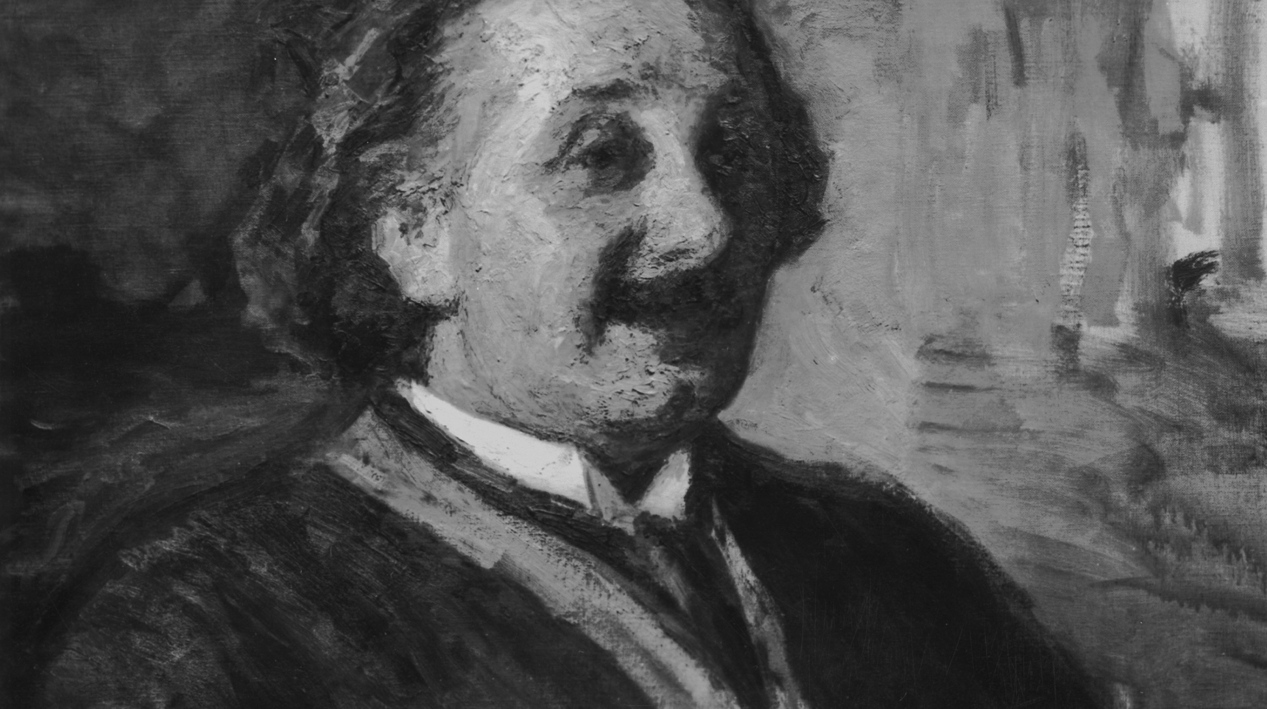 A black and white painting of a man with wavy hair, a mustache, and a suit, depicted in a semi-realistic style, evokes the thoughtful air of someone pondering an interpretation of quantum mechanics.