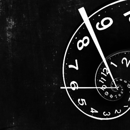 A black and white spiral clock with distorted numbers on a dark textured background, evoking the science of time and creating an illusion of time twisting inward.