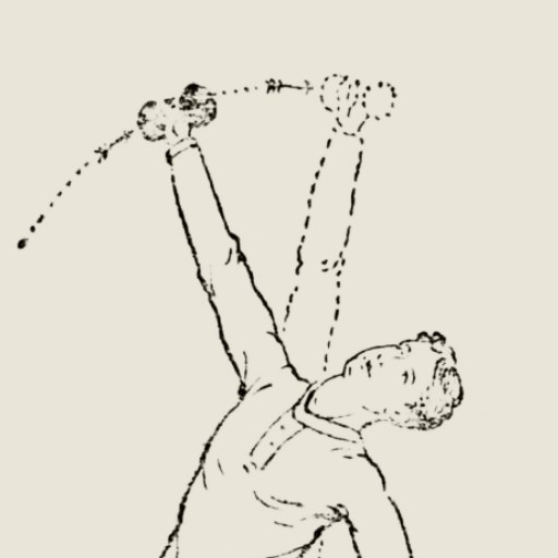 Line drawing of a person with one arm raised, swinging a tennis racket to hit an unseen ball—motion lines suggest the path of the racket and capture the power of habit in each practiced stroke.