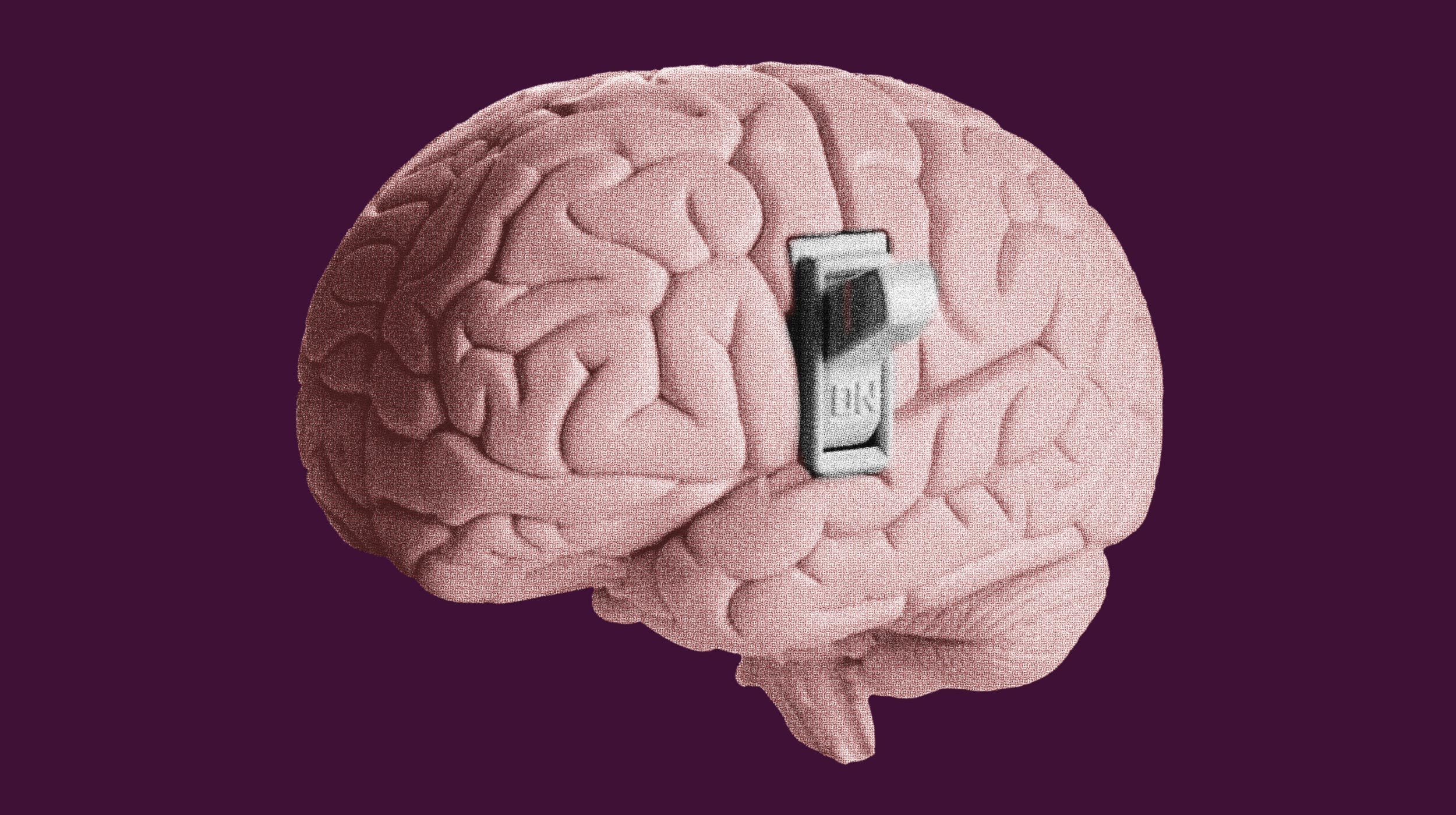 Illustration of a human brain with a metallic on/off switch embedded in its side, set against a solid dark purple background.