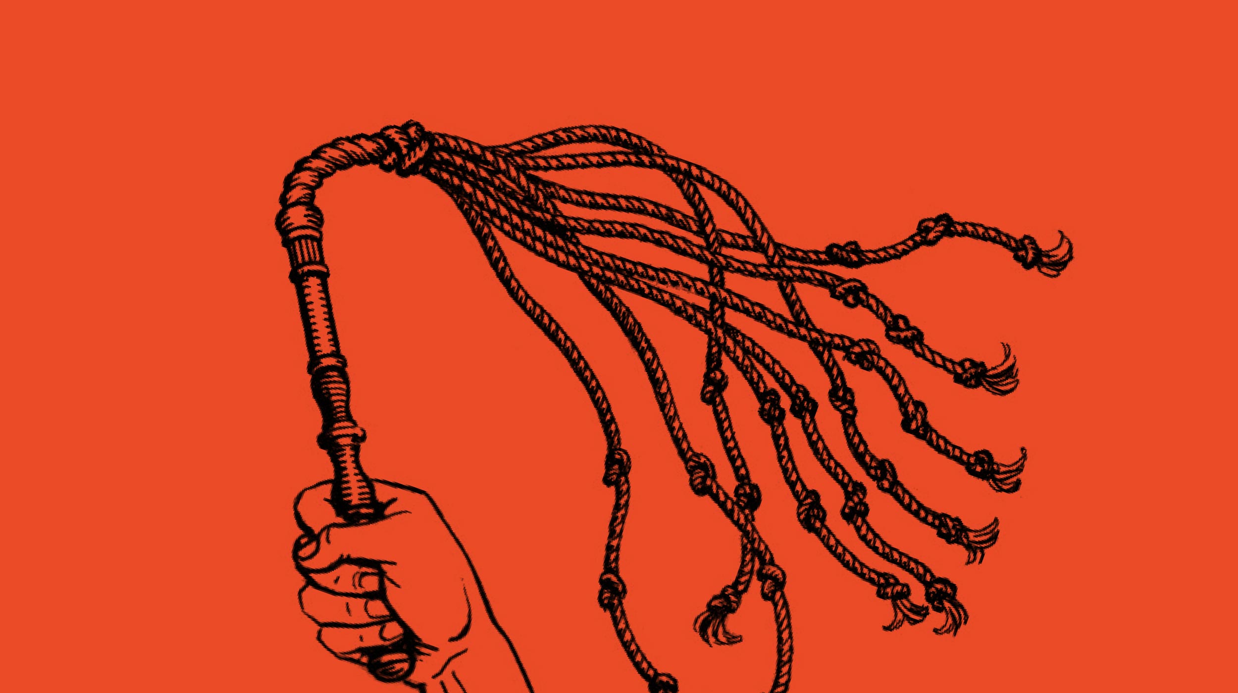 A hand holding a whip with multiple knotted tails against a solid orange background, subtly hinting at themes of discipline and exploring why suffering is good.