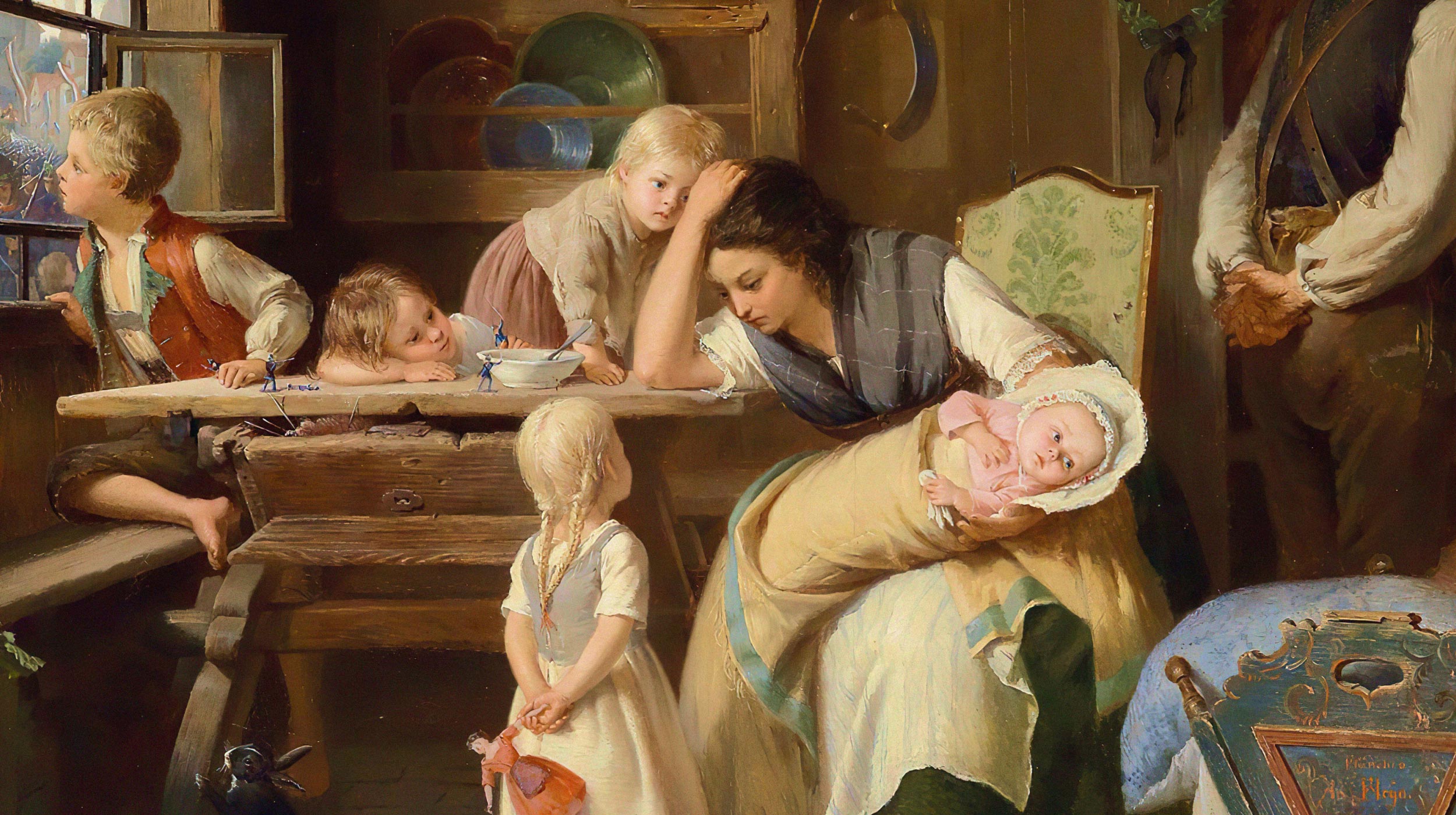 A woman cradles a baby while surrounded by four children in a rustic kitchen, with dishes on shelves and blue sky outside—a heartwarming scene that might inspire thoughts like, should I have kids?.